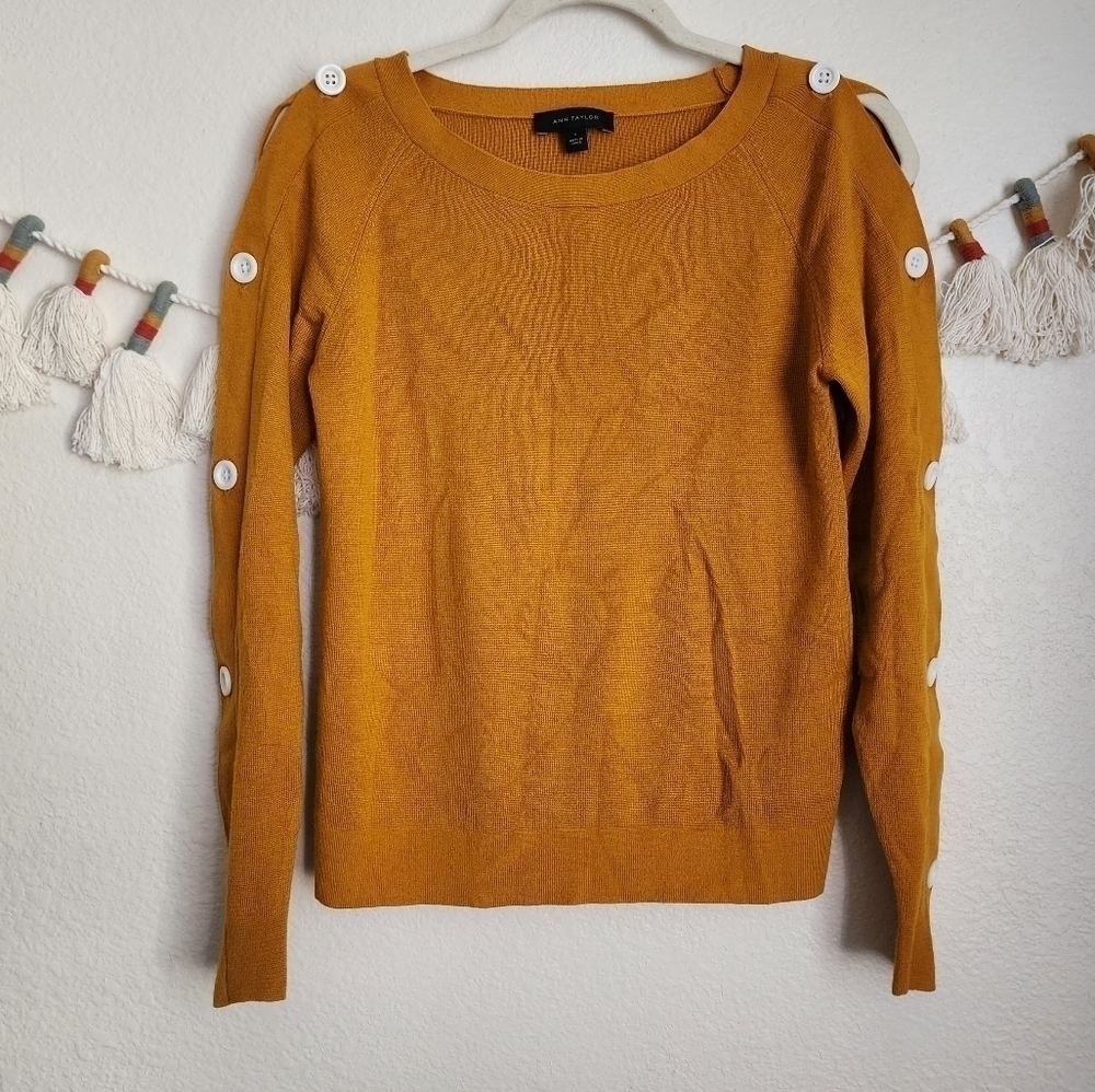 Ann Taylor Wool Blend Mustard Yellow Button Long Sleeve Sweater Top Preppy Boho
